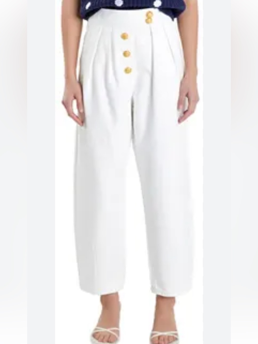 English Factory White High-Waist Wide Leg Pants with Brown Buttons Sz S
